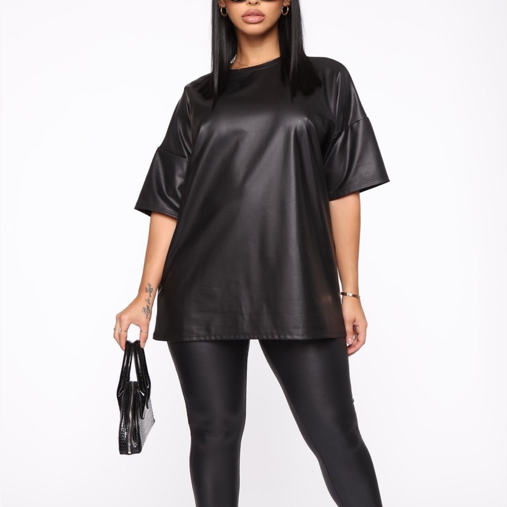 Fashion Nova Black Faux Leather Short Sleeve Top and leggings NWT